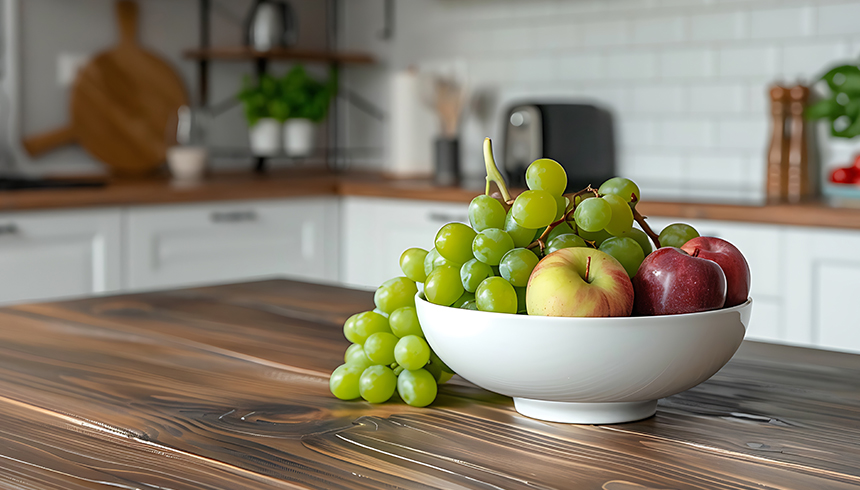 Sateenkaari hedelmistä ja vihanneksista ylhäältä päin nähtynä